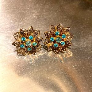 Vintage Filigree Aqua Rhinestones Goldtone Earrings